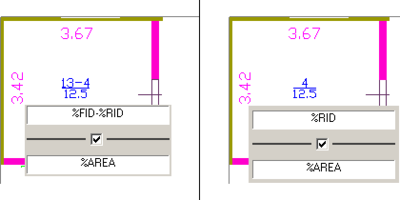 Рис. 19 (иллюстрация слева). Формат описания, включающий номер квартиры (FID) и номер помещения (RID); Рис. 20 (иллюстрация справа). Изменение формата описания помещений для целого этажа простым изменением шаблона