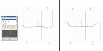 Параметрическая калибровка валков в COPRA. Переход от метода W#формования (верхняя валковая клеть) к стандартному методу подгибки кромок (нижняя валковая клеть) простым изменением внутренней дуги с 15 градусов на 0 градусов