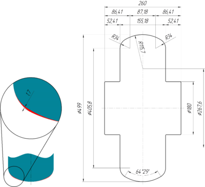 Рис. 7. Геометрия профиля верхнего валка клети P03 согласно варианту 1