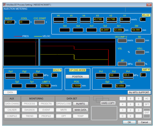 Рис. 3. Задание технологических условий моделирования процесса литья с использованием интерфейса системы управления литьевой машины NISSEI NC9300T