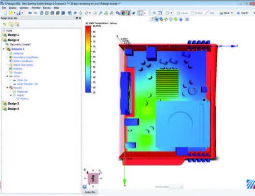 Интерфейс Autodesk Simulation CFD. Многие инструменты и алгоритмы работы с моделью будут знакомы и интуитивно понятны пользователям CAD. Расчет охлаждения электронной системы. Распределение температур. Моделирование вынужденной конвекции