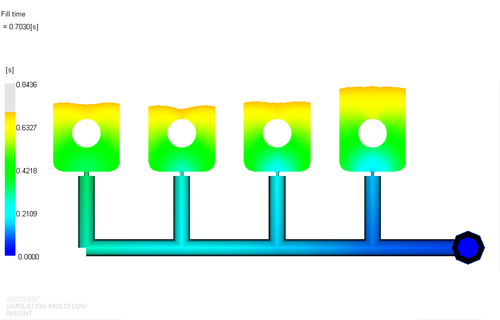 Рис. 6. Растекание расплава материала 1 в форме после балансировки впускных литниковых каналов (фрагмент) при уменьшенном времени впрыска; положение фронта расплава показано для времени 0.7 с от начала впрыска