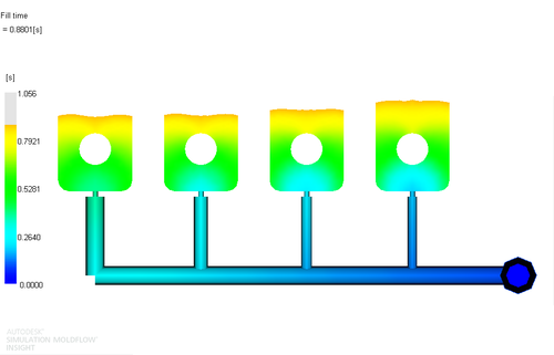 Рис. 9. Растекание расплава материала 2 в форме после балансировки разводящих литниковых каналов, проведенной для материала 1 (фрагмент); положение фронта расплава показано для времени 0.88 с от начала впрыска