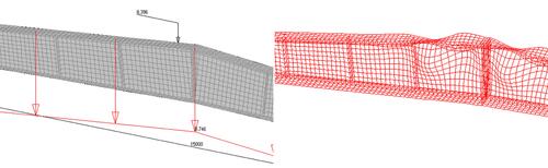Рис. 12. Модель из оболочечных элементов, созданная автоматически в Гепард-А (слева), и первая форма потери устойчивости стенки в SCAD (справа)