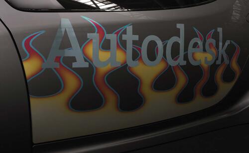 Рис. 15. Матовая картинка огонь и глянцевый логотип Autodesk на двери машины