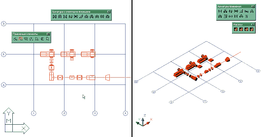 Рис. 3a. Aрматура, размещенная в PLANT-4D на осевой линии