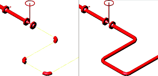 Рис. 6 (иллюстрация слева). Автоматически размещенные отводы; Рис. 7 (иллюстрация справа). Автоматически размещенная труба