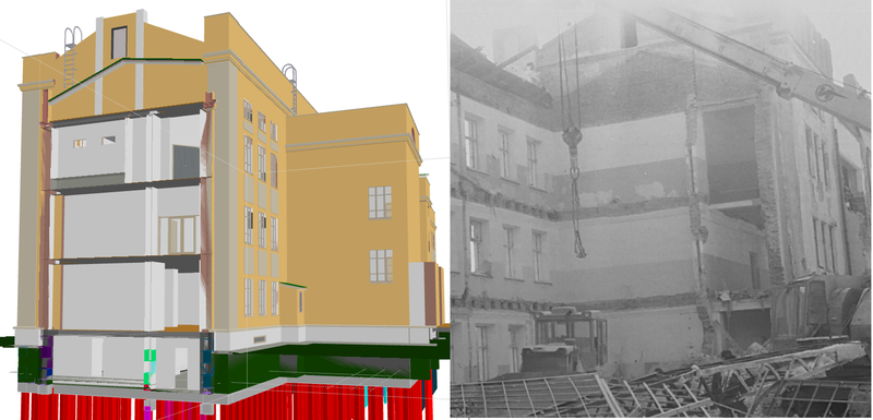 Рис. 2. Справа - архивная фотография сноса школы № 1, слева - аналогичный разрез в архитектурной модели