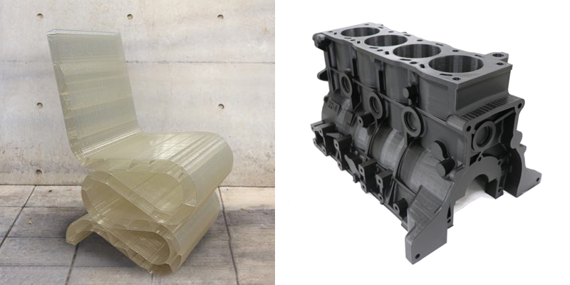 Рис. 3. Изделия, созданные с помощью Super Discovery 3D Printer: кресло (материал: 3D850, размеры: 45х50х95 см, вес: 18 кг), прототип двигателя внутреннего сгорания (материал: Premium PLA, размеры: 100х60х50 см, вес: 5,5 кг)